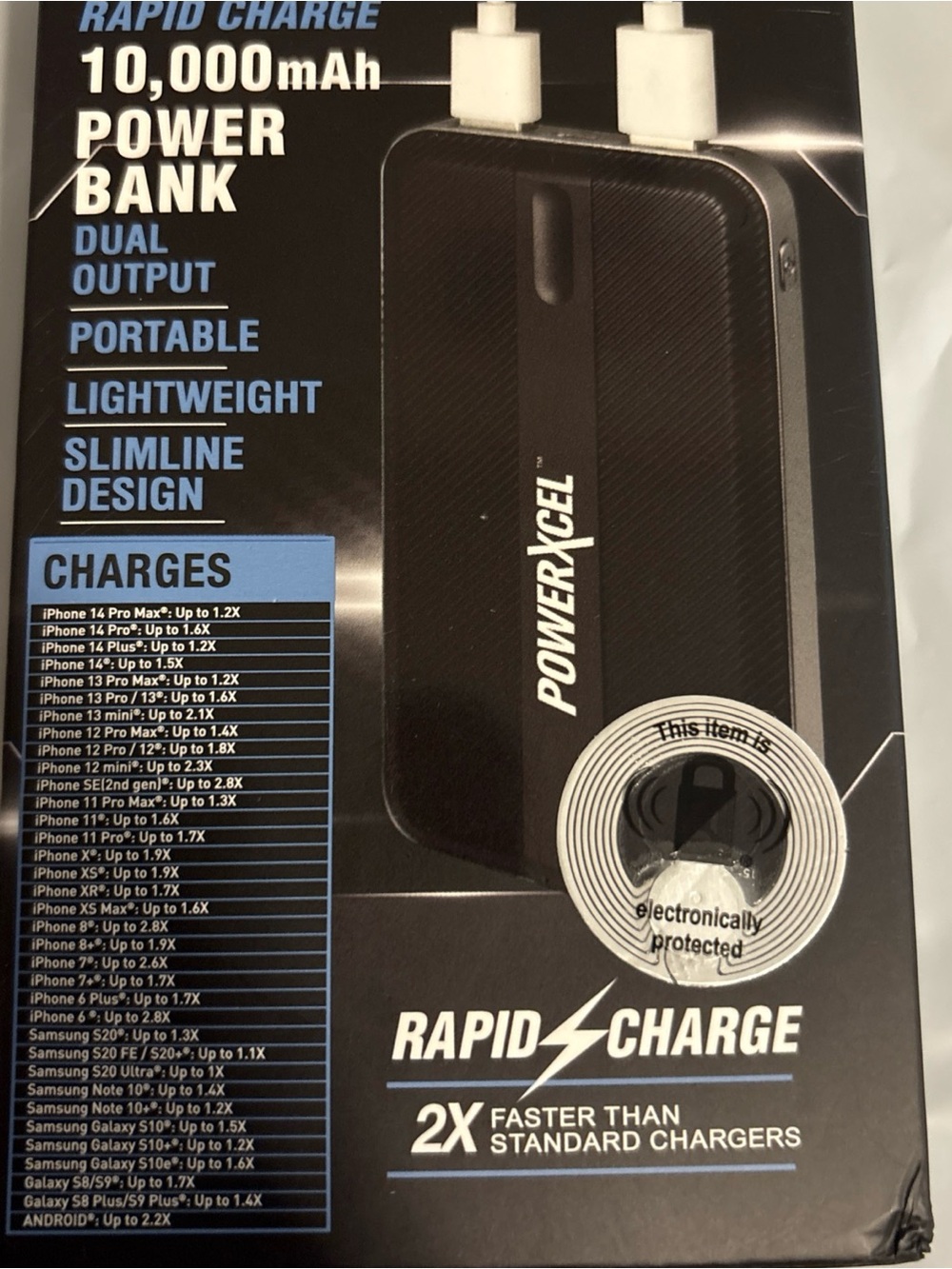 PowerXcel Power Bank Black, 10,000 mAh Rapid Charge Portable Charger - NEW